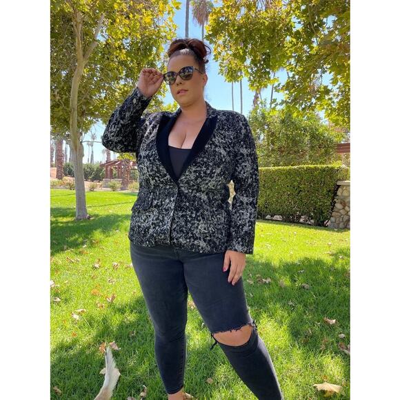 BADGLEY MISCHKA Grey Black Printed Floral 100% Cotton Fitted Charlie Blazer XL - Picture 11 of 12